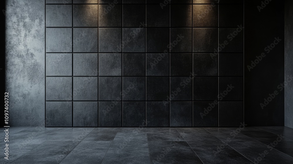 Modern interior with a black wall featuring dark gray square tiles and concrete floor, illuminated by studio lighting. Ultra-realistic design with minimalistic decor, modern style ambiance. Modern interior with a black wall featuring dark gray square tiles and concrete floor, illuminated by studio lighting. Ultra-realistic design with minimalistic decor, modern style ambiance.