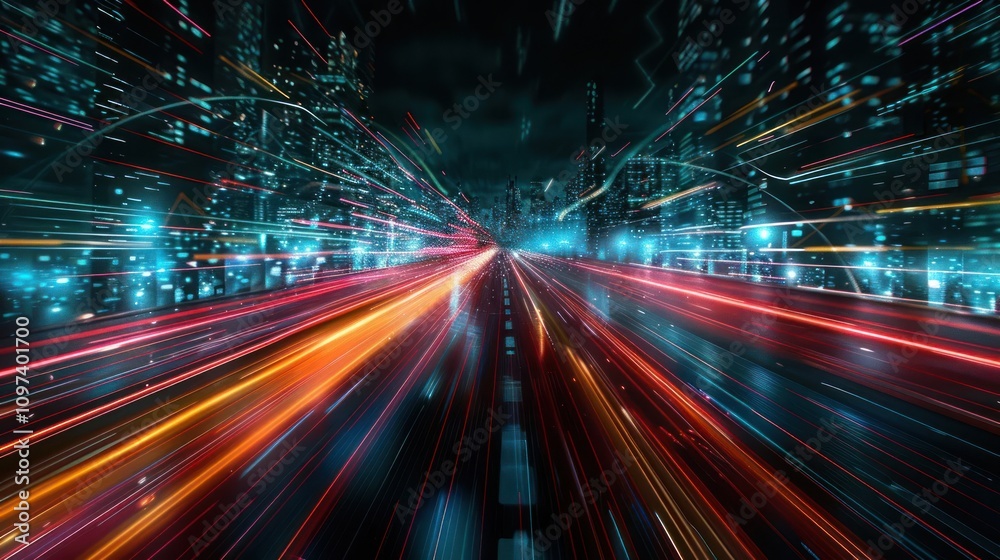 A dynamic, futuristic cityscape with vibrant light trails representing speed and technology.