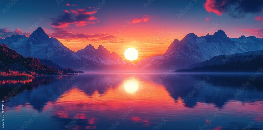Majestic Sunset Over Serene Mountain Lake Landscape Majestic Sunset Over Serene Mountain Lake Landscape