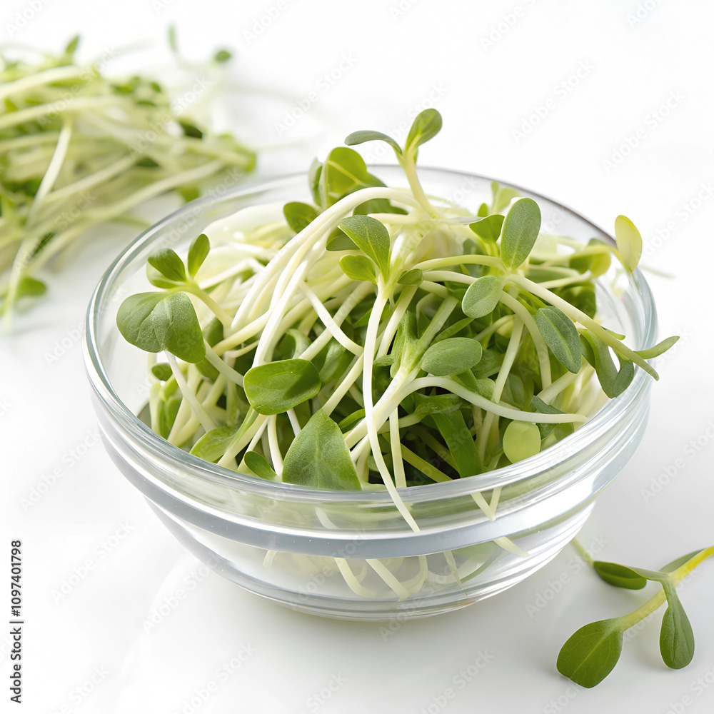Sunflower sprouts in a clear bowl, isolated on a white background Sunflower sprouts in a clear bowl, isolated on a white background