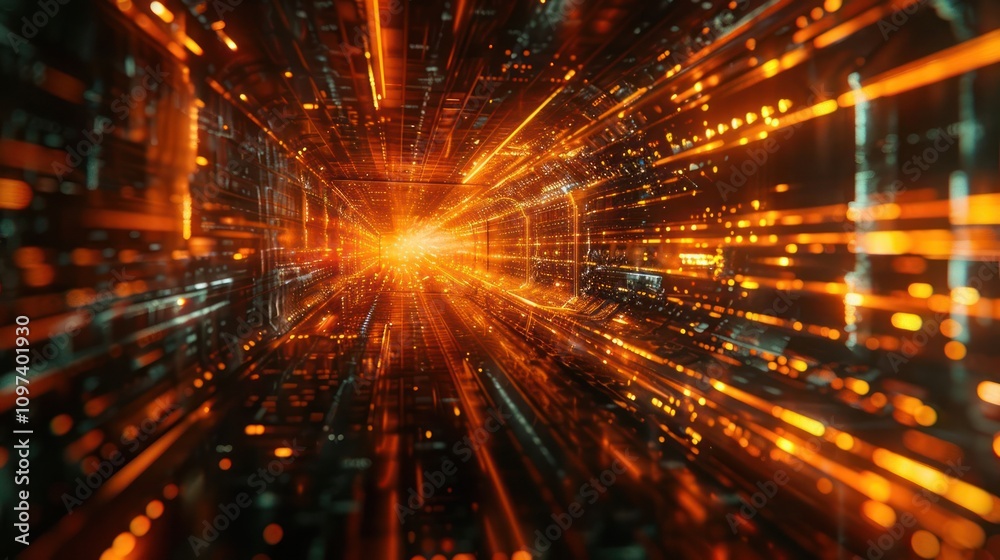 Fototapeta premium A vibrant digital tunnel with glowing particles representing data flow and technology.