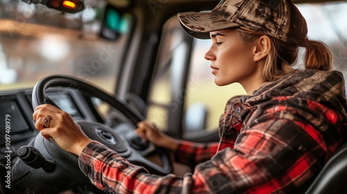 Woman in a red plaid shirt driving a truck symbolizing resilience empowerment and the integration of tradition and innovation in rural farming photo