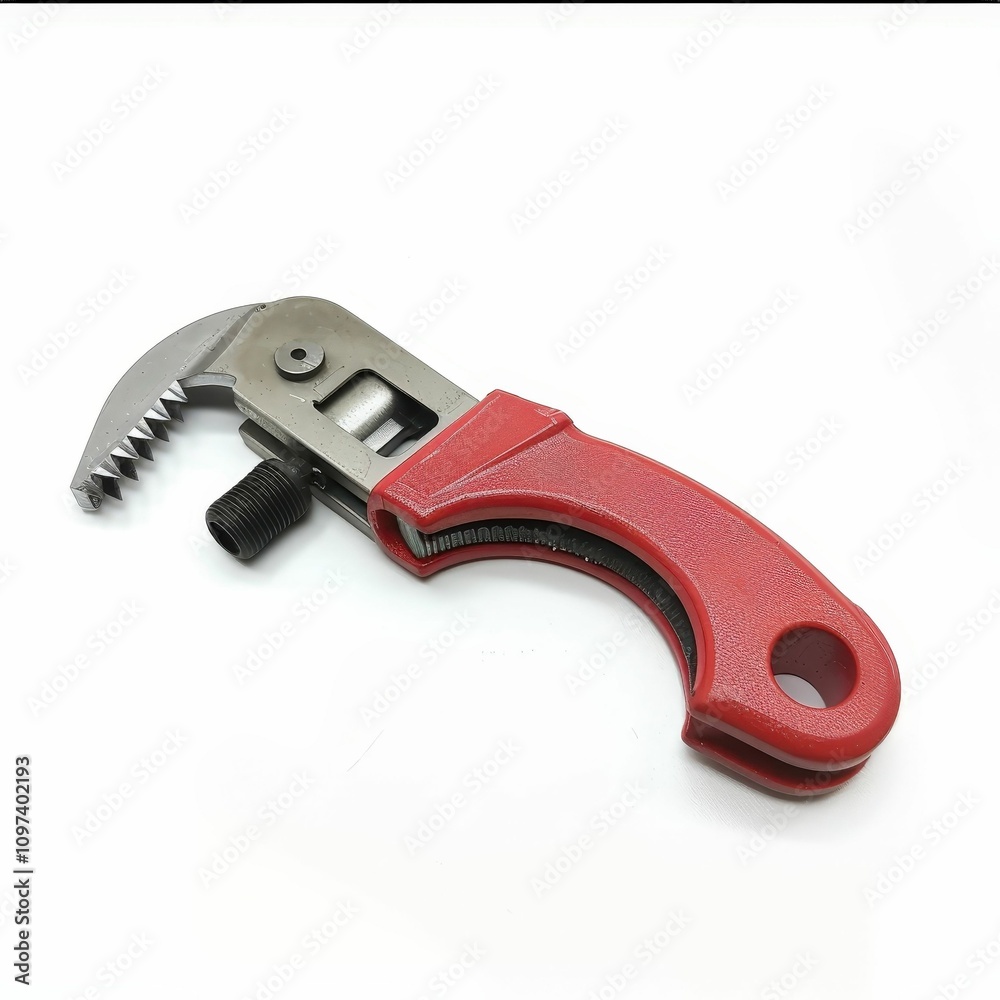 A red-handled tool with a curved, serrated blade, designed for gripping or cutting, ideal for plumbing or mechanical tasks. A red-handled tool with a curved, serrated blade, designed for gripping or cutting, ideal for plumbing or mechanical tasks.