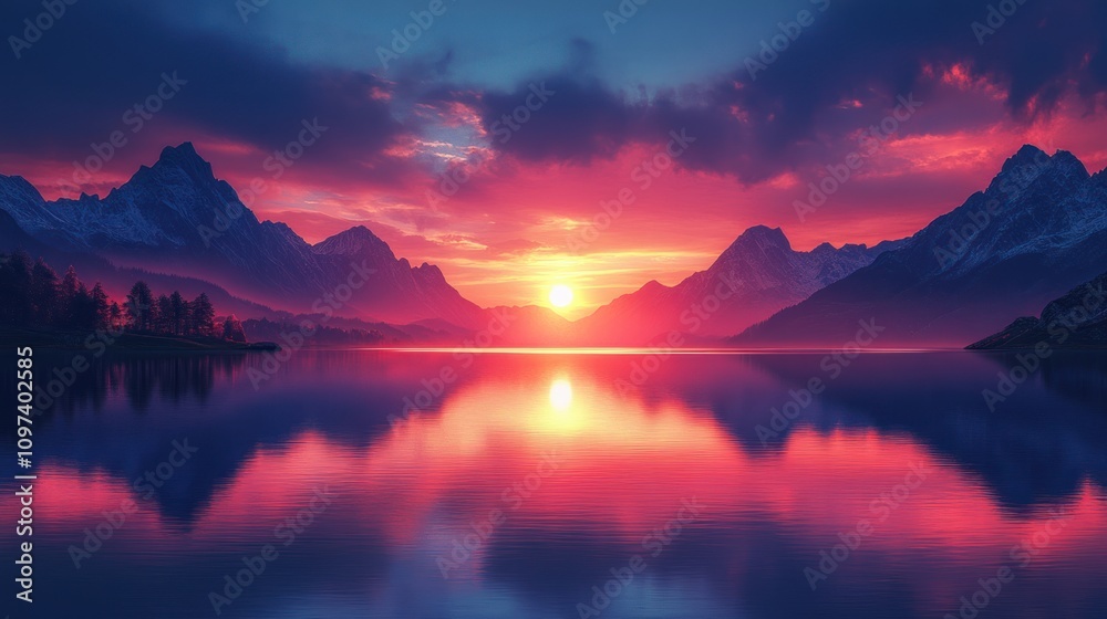Majestic Mountain Sunset Reflected In Calm Lake Waters Majestic Mountain Sunset Reflected In Calm Lake Waters