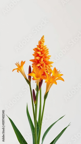 Group of kniphofia tritoma torch lilies with their signature fiery appearance, colorful, hot, bright, botanical photo