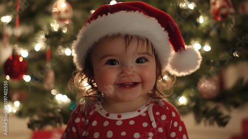 A cute baby girl wearing a Santa hat and red polka dot pajamas, standing happily in front of a glowing Christmas tree adorned with festive decorations