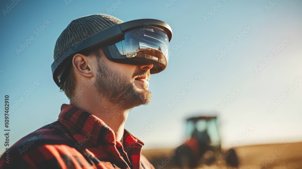Smiling man in red shirt wearing VR goggles in a golden field with a tractor in the background symbolizing the integration of modern immersive technologies with traditional farming methods Smiling man in red shirt wearing VR goggles in a golden field with a tractor in the background symbolizing the integration of modern immersive technologies with traditional farming methods