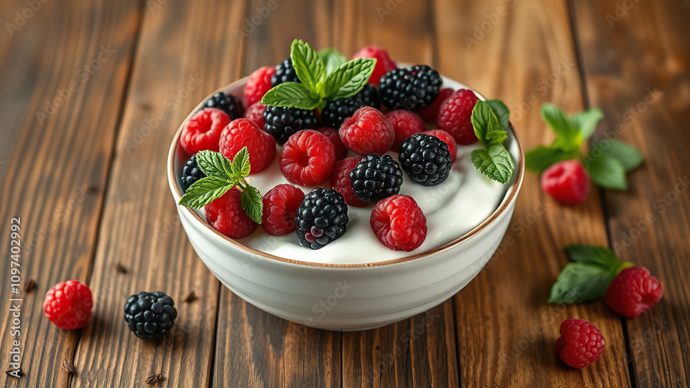 Healthy yogurt bowl topped with raspberries, blackberries, and mint leaves on a wooden table, flavorful, vegetarianism, rustic, nutritious