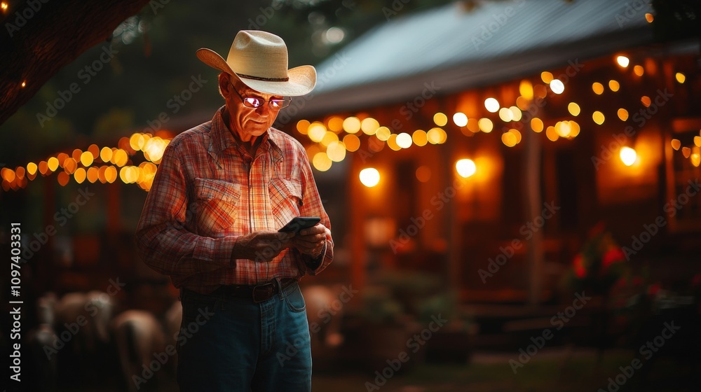 Obraz premium Cowboy holding a tablet under string lights in a rural outdoor setting at night symbolizing the adoption of digital tools for farm management and innovative solutions in agriculture