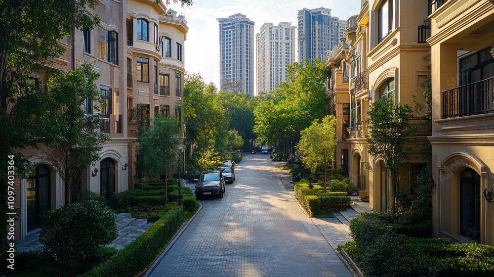 Urban Residential Area with Tall Buildings and Trees Urban Residential Area with Tall Buildings and Trees