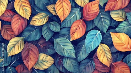 A lively repeating pattern of multicolored leaves with detailed textures, offering a dynamic backdrop for design work