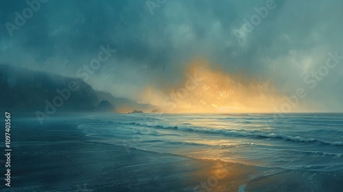 Dramatic sunset over ocean beach with dark clouds and misty mountains.