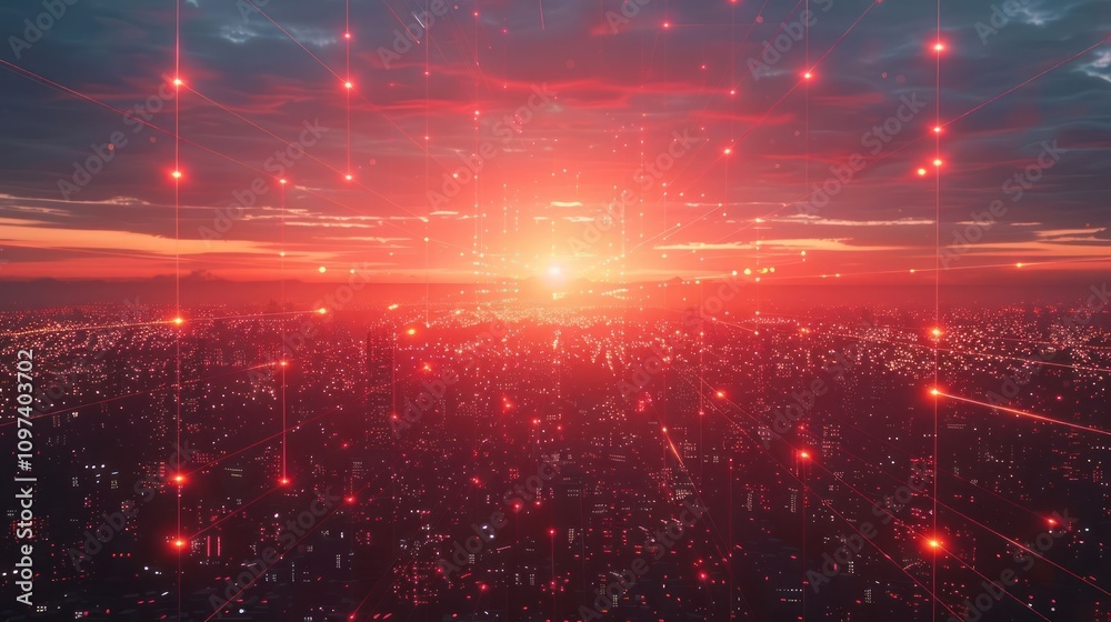A futuristic cityscape illuminated by a vibrant sunset and digital elements. A futuristic cityscape illuminated by a vibrant sunset and digital elements.
