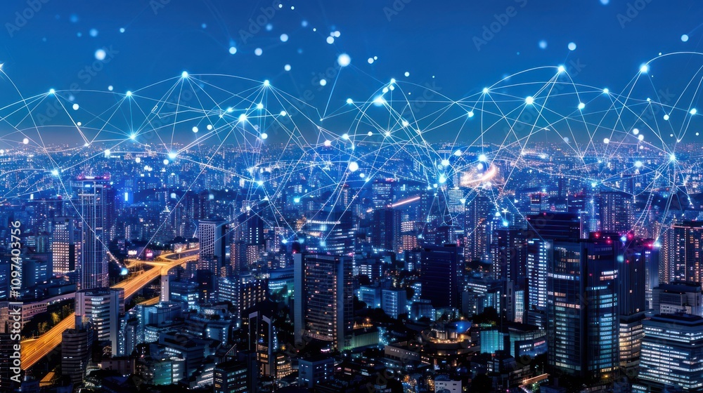 A cityscape illuminated at night, showcasing a digital network overlay. A cityscape illuminated at night, showcasing a digital network overlay.