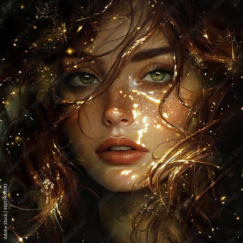 Enchanted Beauty: A Dreamlike Portrait of a Woman with Glowing Hair and Freckles Enchanted Beauty: A Dreamlike Portrait of a Woman with Glowing Hair and Freckles