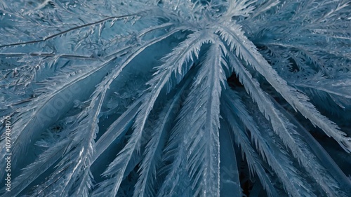 Intricate patterns of frost covering delicate leaves in a serene winter landscape photo