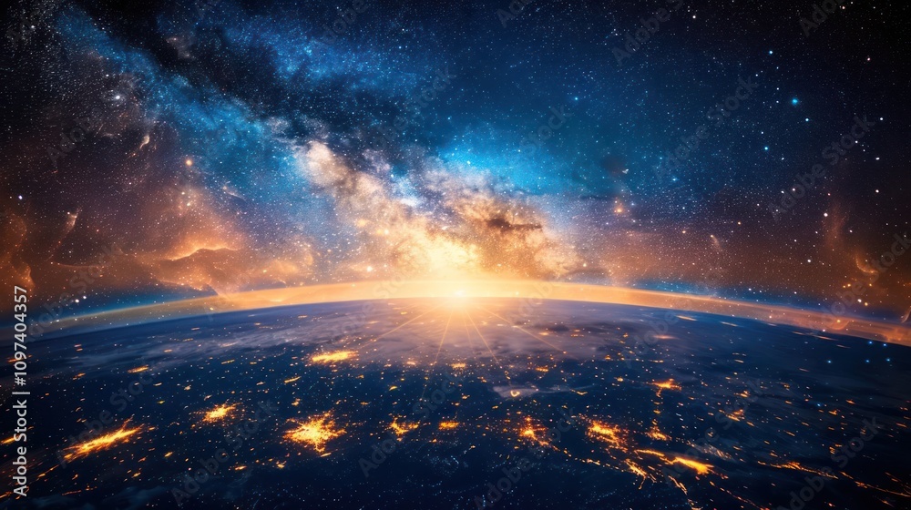 A stunning view of Earth from space, showcasing the Milky Way and a vibrant sunrise. A stunning view of Earth from space, showcasing the Milky Way and a vibrant sunrise.