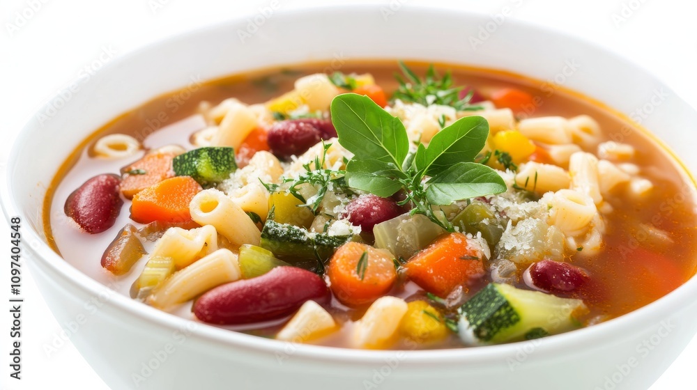 A hearty bowl of homemade minestrone soup brimming with pasta, beans, and fresh vegetables A hearty bowl of homemade minestrone soup brimming with pasta, beans, and fresh vegetables