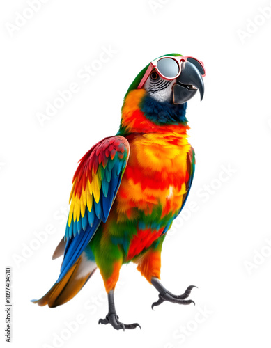 A parrot wearing sunglasses isolated on white background. Suitable for marketing or business purposes.PNG file photo