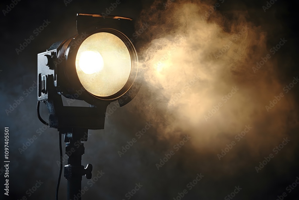 Studio spotlight casting a warm beam of light through smoke in a dark, atmospheric setting, theater, film Studio spotlight casting a warm beam of light through smoke in a dark, atmospheric setting, theater, film