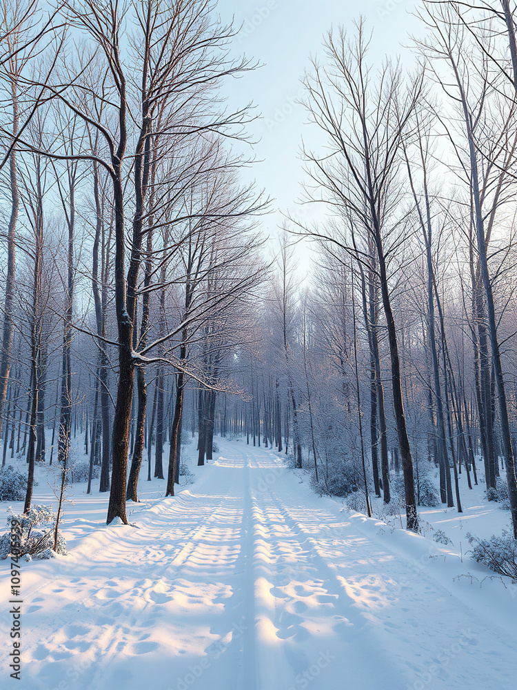 Panoramic view of a snowy forest with bare trees, frosty atmosphere, snowy forest