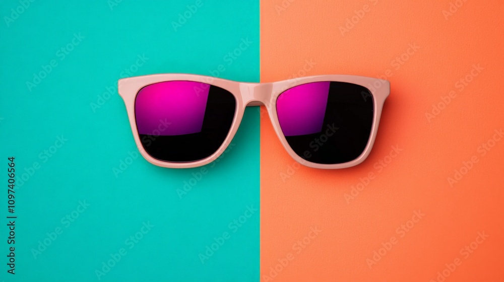 Summer Vibes: Peach Sunglasses on Teal and Coral Background Summer Vibes: Peach Sunglasses on Teal and Coral Background