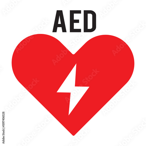 Red and white vector graphic of a CPR/AED indicating a defibrillator device located close by