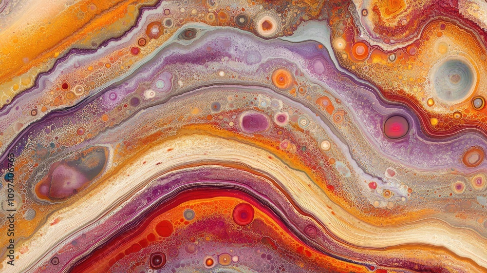 Abstract Agate Stone with Wavy Layers, Circles and Orange, Purple and Red Hues Abstract Agate Stone with Wavy Layers, Circles and Orange, Purple and Red Hues