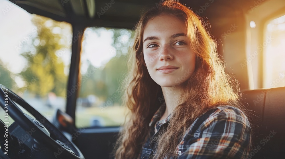 Young woman sitting in a tractor cabin wearing a plaid shirt gazing out at a green field under soft sunlight symbolizing modern farming and rural serenity Young woman sitting in a tractor cabin wearing a plaid shirt gazing out at a green field under soft sunlight symbolizing modern farming and rural serenity
