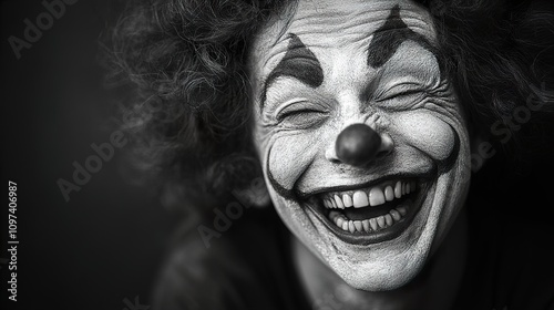 A Monochromatic Portrait of a Smiling Clown: A Theatrical Masterpiece photo