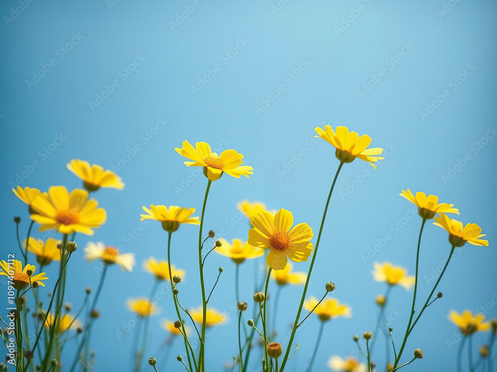 Serene scene of yellow wildflowers under a vivid blue sky, tranquil, beauty, quiet Serene scene of yellow wildflowers under a vivid blue sky, tranquil, beauty, quiet