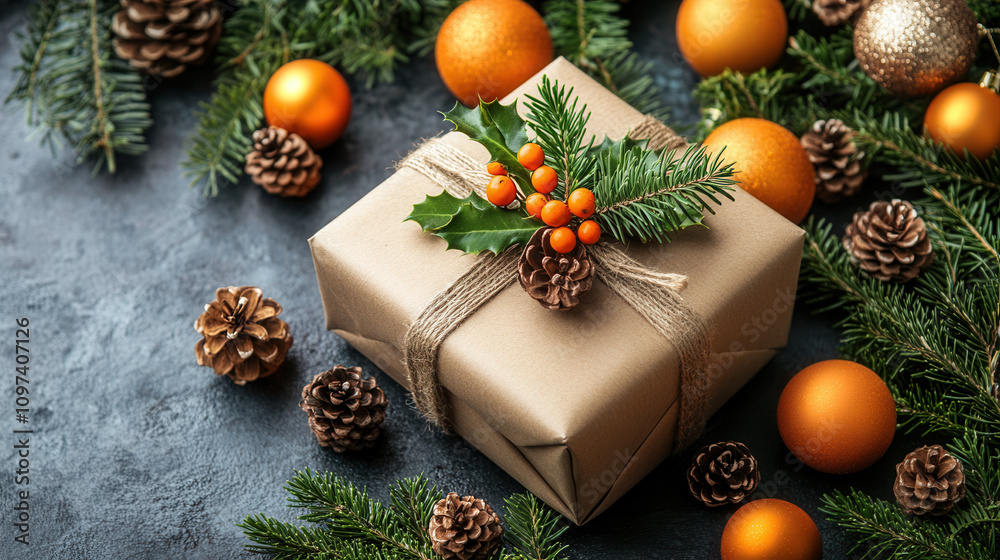 beautifully wrapped gift box adorned with festive greenery and orange ornaments, surrounded by pine cones and evergreen branches, creating warm holiday atmosphere beautifully wrapped gift box adorned with festive greenery and orange ornaments, surrounded by pine cones and evergreen branches, creating warm holiday atmosphere