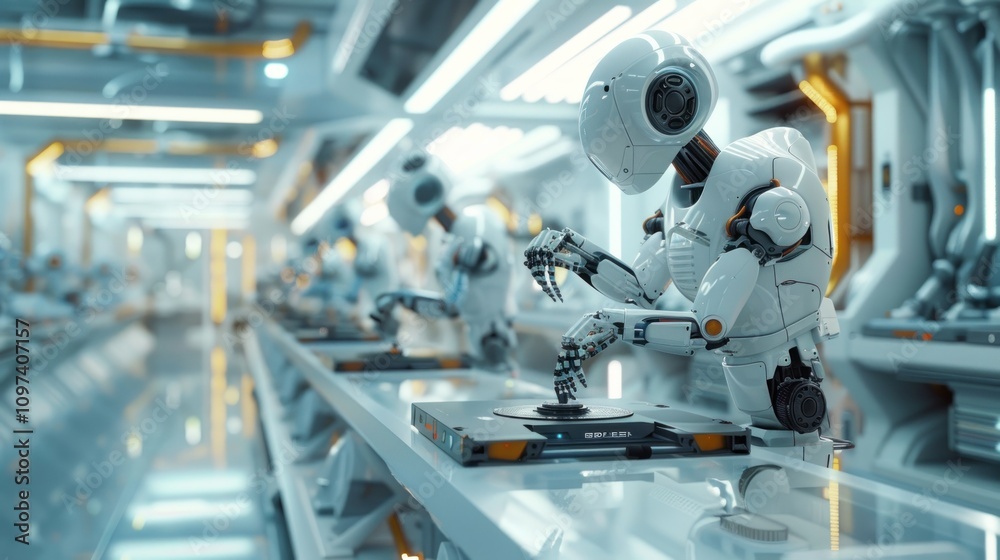 Robots working on assembly line in futuristic factory. Robots working on assembly line in futuristic factory.