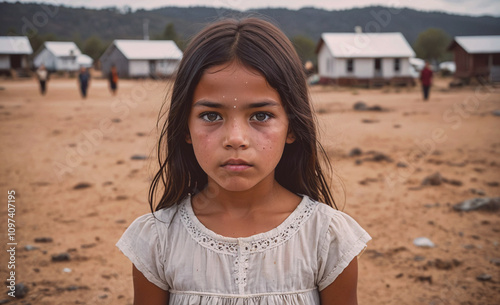 A young girl is standing in the desert wearing a white dress. She looks sad and tired. The scene is desolate and barren, with no other people or buildings in sight
