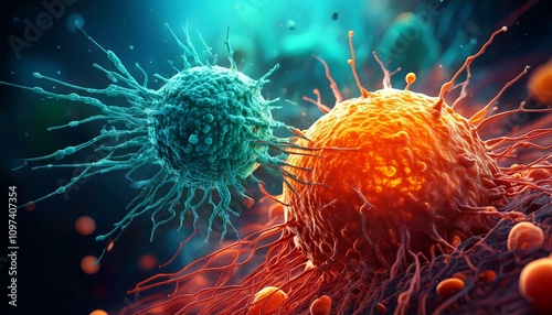 3D Illustration of Antibody T Cells Attacking Cancer Cell or Virus. Medical Illustration.