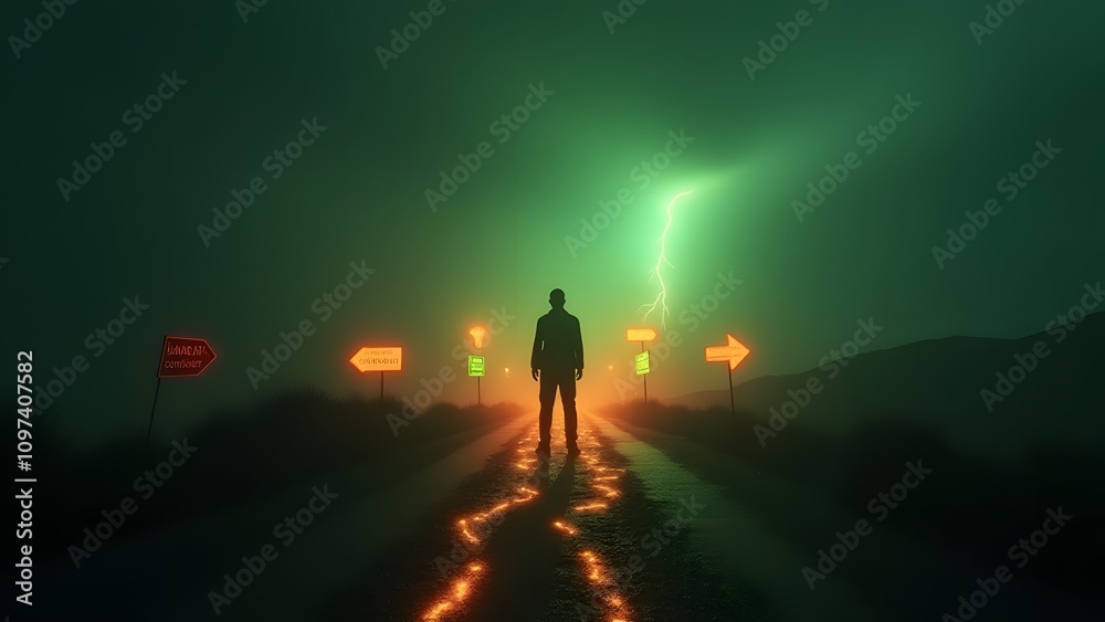 A silhouette at a glowing crossroads with signs in distinct colors. Light footprints lead toward a radiant horizon, symbolizing choices and new opportunities. A silhouette at a glowing crossroads with signs in distinct colors. Light footprints lead toward a radiant horizon, symbolizing choices and new opportunities.