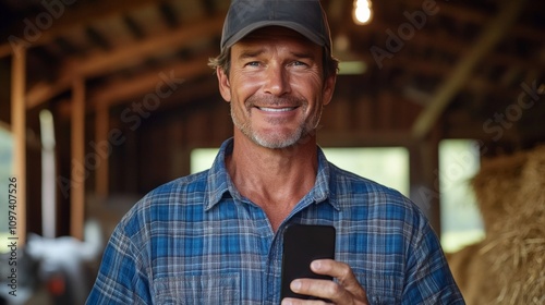 Wallpaper Mural Smiling man in a barn holding a smartphone at sunset symbolizing innovation and the digital transformation of livestock farming in rural communities Torontodigital.ca