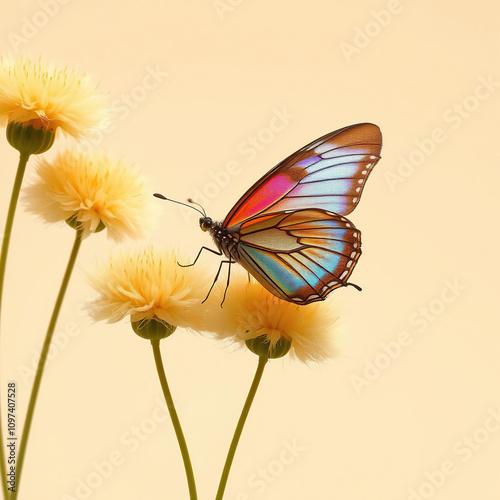 Wallpaper Mural Small butterfly perched on top of yellow grass flowers, winged, flora, resting, tiny Torontodigital.ca