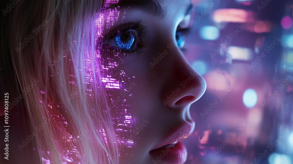Close-up Portrait of a Woman with Neon Cyberpunk Style