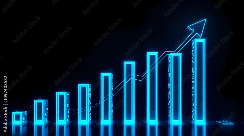 Glowing blue bar graph, neon digital chart, upward trend arrow, financial growth visualization, futuristic statistics display, dark background Glowing blue bar graph, neon digital chart, upward trend arrow, financial growth visualization, futuristic statistics display, dark background