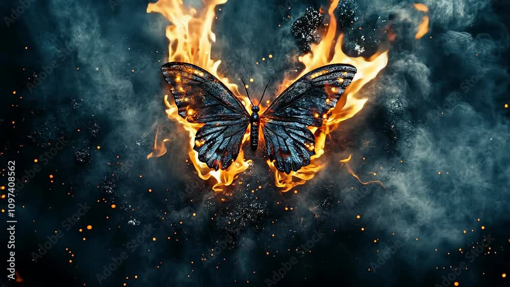 Enchanting Fiery Butterfly Soars Through Smoky Background Enchanting Fiery Butterfly Soars Through Smoky Background