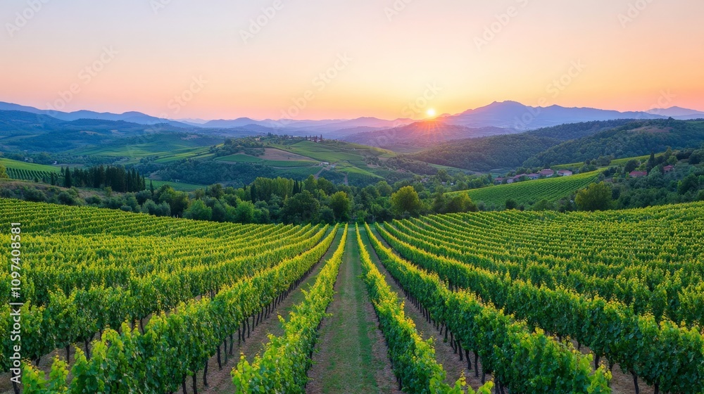 Sunset Vineyard: A breathtaking panorama of rolling vineyards bathed in the golden hues of a setting sun. Rows of grapevines stretch towards the distant mountains. Sunset Vineyard: A breathtaking panorama of rolling vineyards bathed in the golden hues of a setting sun. Rows of grapevines stretch towards the distant mountains.
