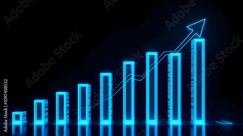 Glowing blue bar graph, neon digital chart, upward trend arrow, financial growth visualization, futuristic statistics display, dark background