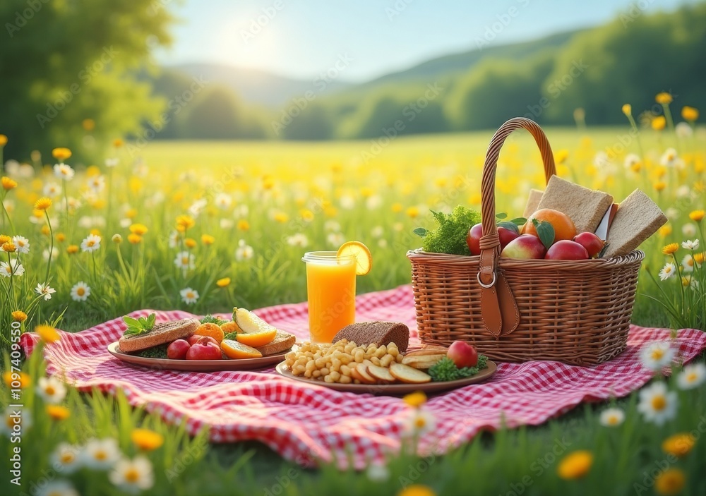 Picnic with fresh fruits and snacks in a sunny field surrounded by wildflowers Picnic with fresh fruits and snacks in a sunny field surrounded by wildflowers