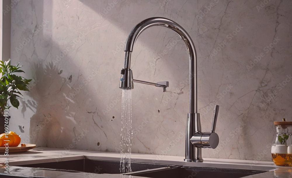 A shiny silver faucet is dripping water into a sink. The sink is next to a counter with a potted plant and a bottle A shiny silver faucet is dripping water into a sink. The sink is next to a counter with a potted plant and a bottle