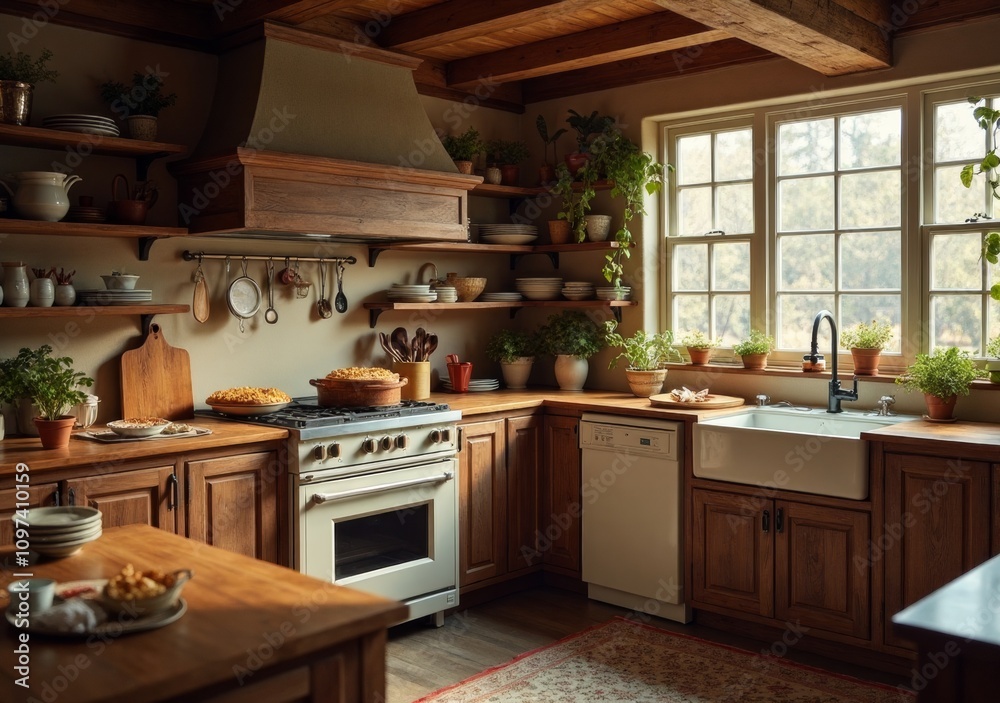 Cozy rustic kitchen filled with plants and warm sunlight in a charming home Cozy rustic kitchen filled with plants and warm sunlight in a charming home