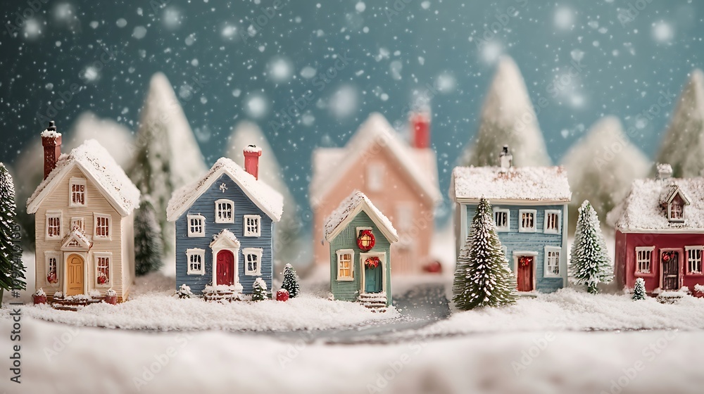 Fototapeta premium A nostalgic and cozy winter scene with adorable Christmas houses on a snowy street, evoking a sense of holiday cheer and community