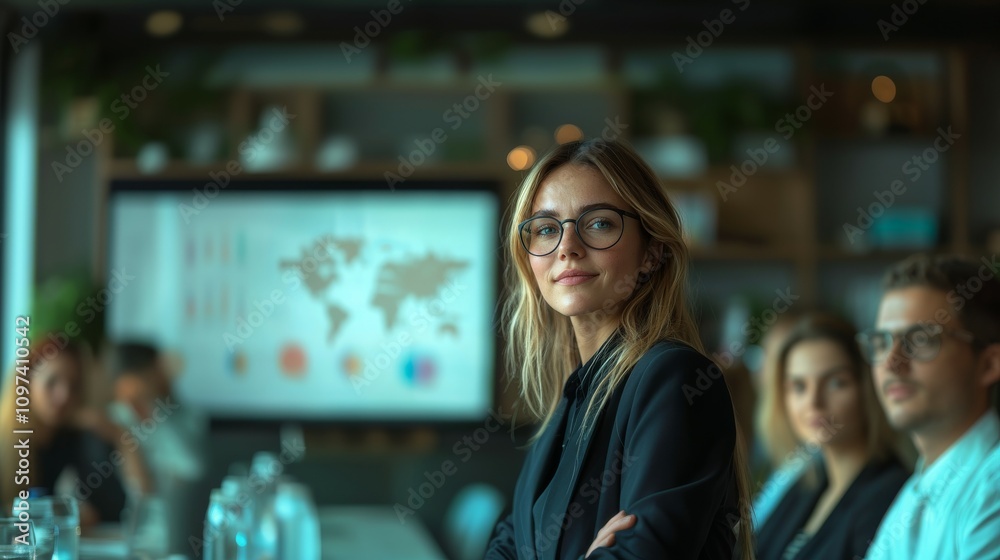 Fototapeta premium Young businesswoman giving a presentation in a meeting room, focus on a projected chart