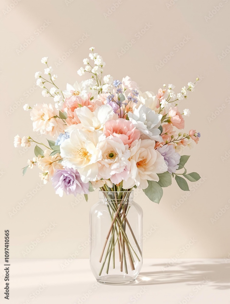 Fototapeta premium Watercolor floral wreath surrounding a vase with flowers in soft pastel colors, floral wreath, watercolor floral
