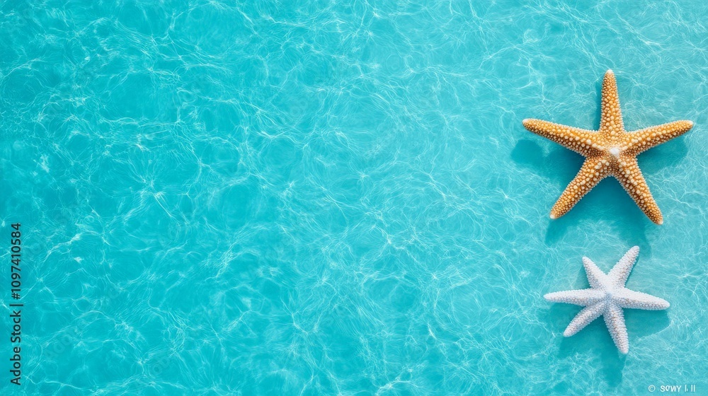 Summertime Bliss: Two starfish, one white and one brown, rest on a shimmering turquoise ocean surface, a summery invitation to escape and unwind. Summertime Bliss: Two starfish, one white and one brown, rest on a shimmering turquoise ocean surface, a summery invitation to escape and unwind.
